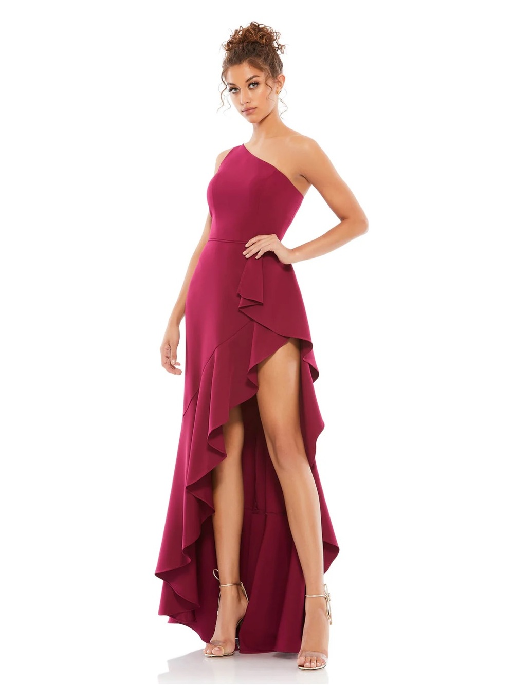 Mac Duggal 49089 Berry One Shoulder High Slit Ruffle Gown NWT